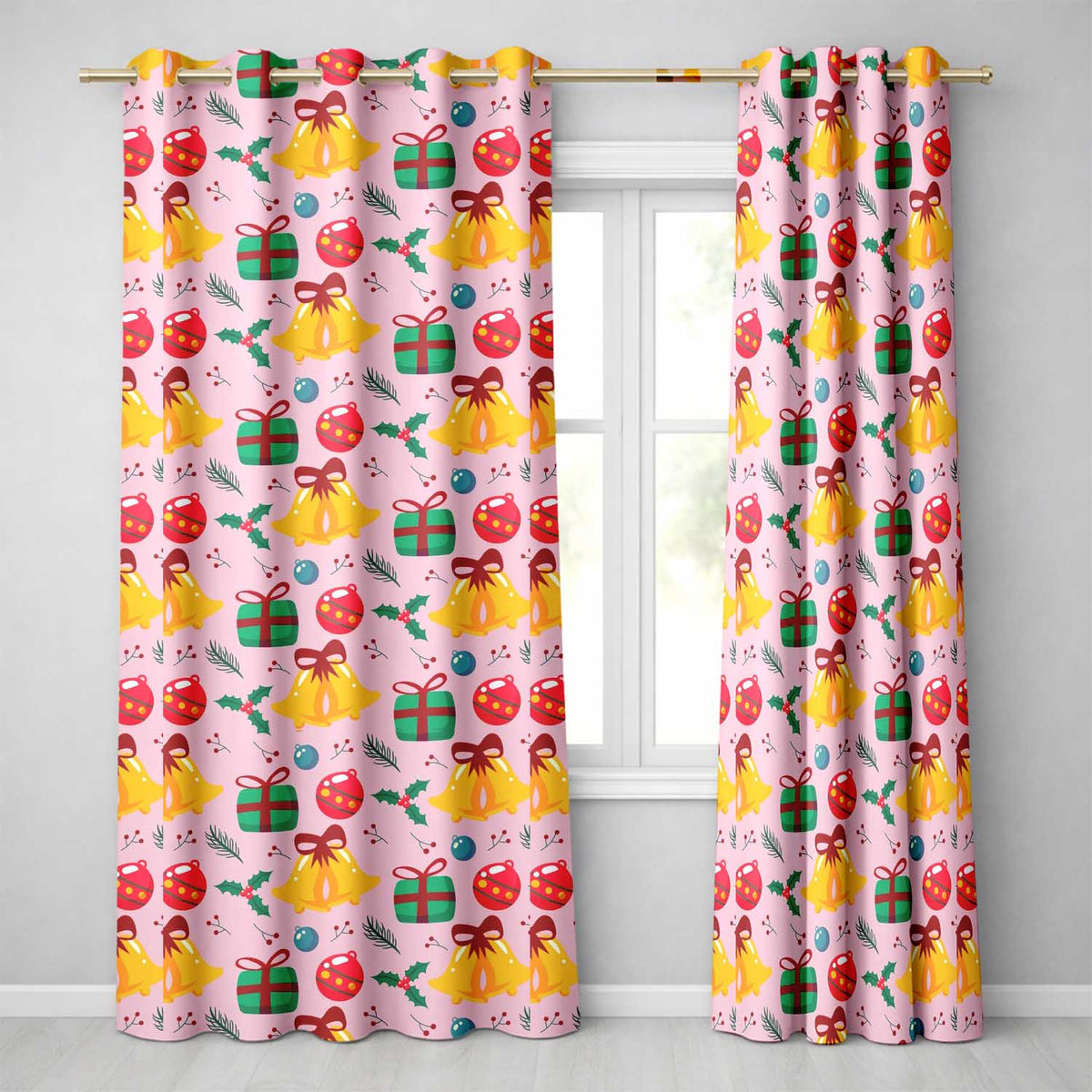 Cute Christmas Bells Baubles Holly Gift Seamless Pattern Readymade Eyelet Ring Top Thermal 100% Blackout Curtains