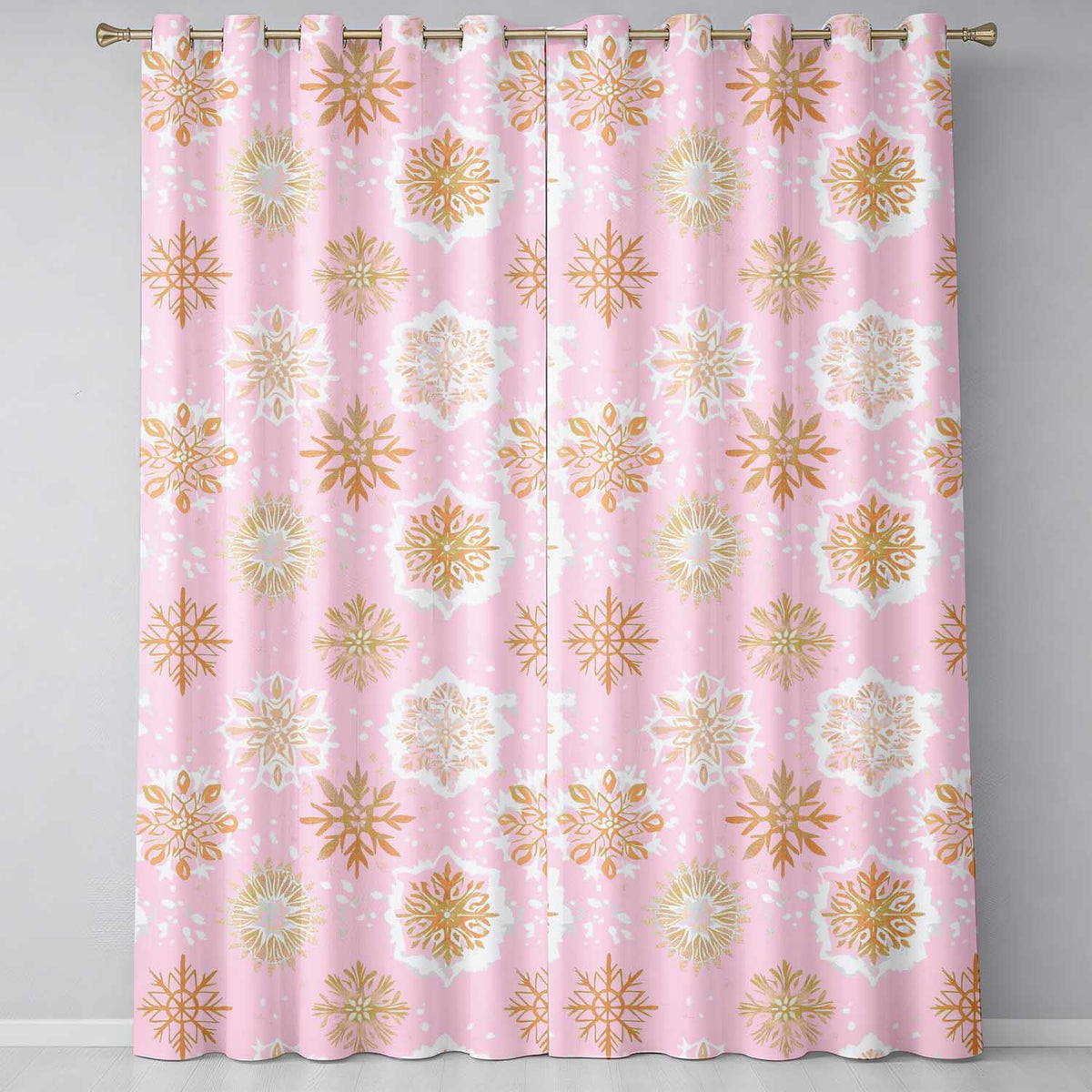 Elegant Gold Snowflake Soft Pink Seamless Pattern Readymade Eyelet Ring Top Thermal 100% Blackout Curtains