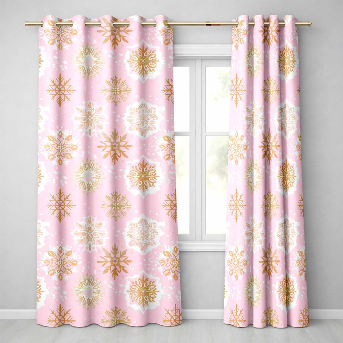 Elegant Gold Snowflake Soft Pink Seamless Pattern Readymade Eyelet Ring Top Thermal 100% Blackout Curtains