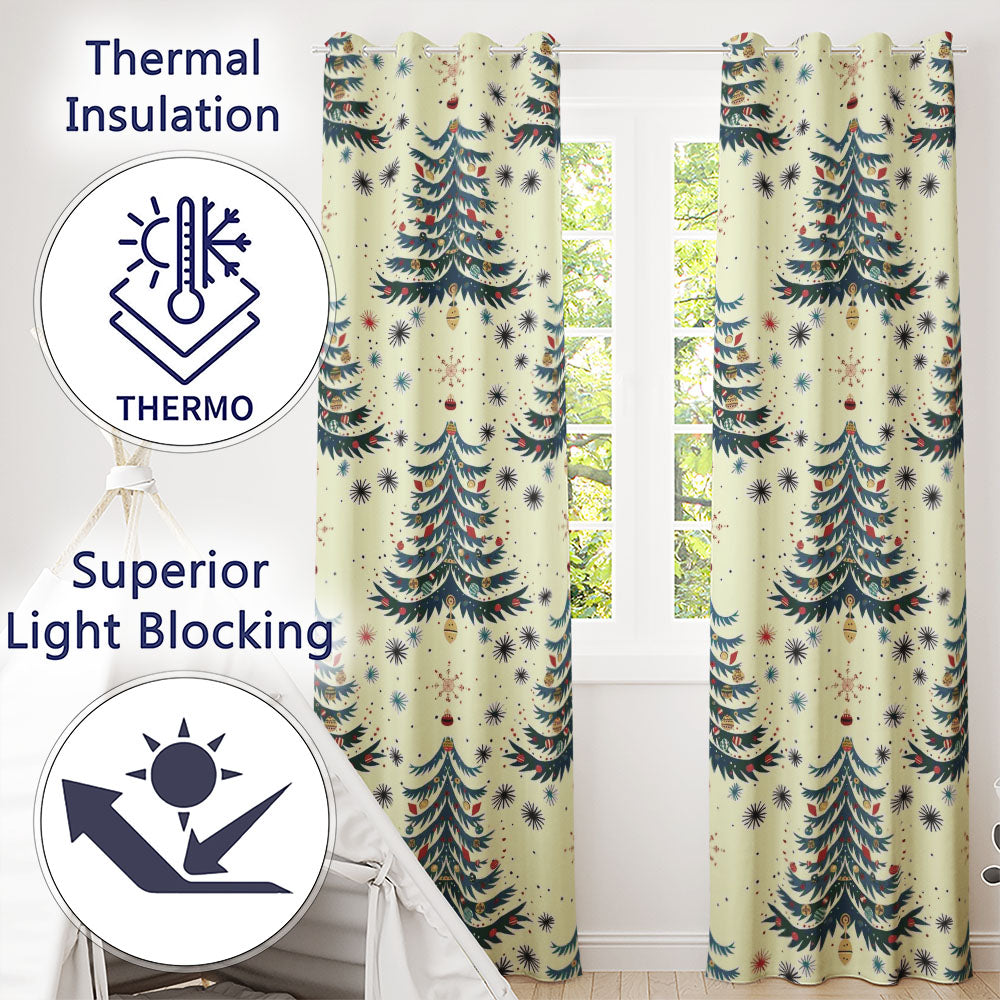 Cute Festive Christmas Trees Snowflake Night Seamless Pattern Readymade Eyelet Ring Top Thermal 100% Blackout Curtains