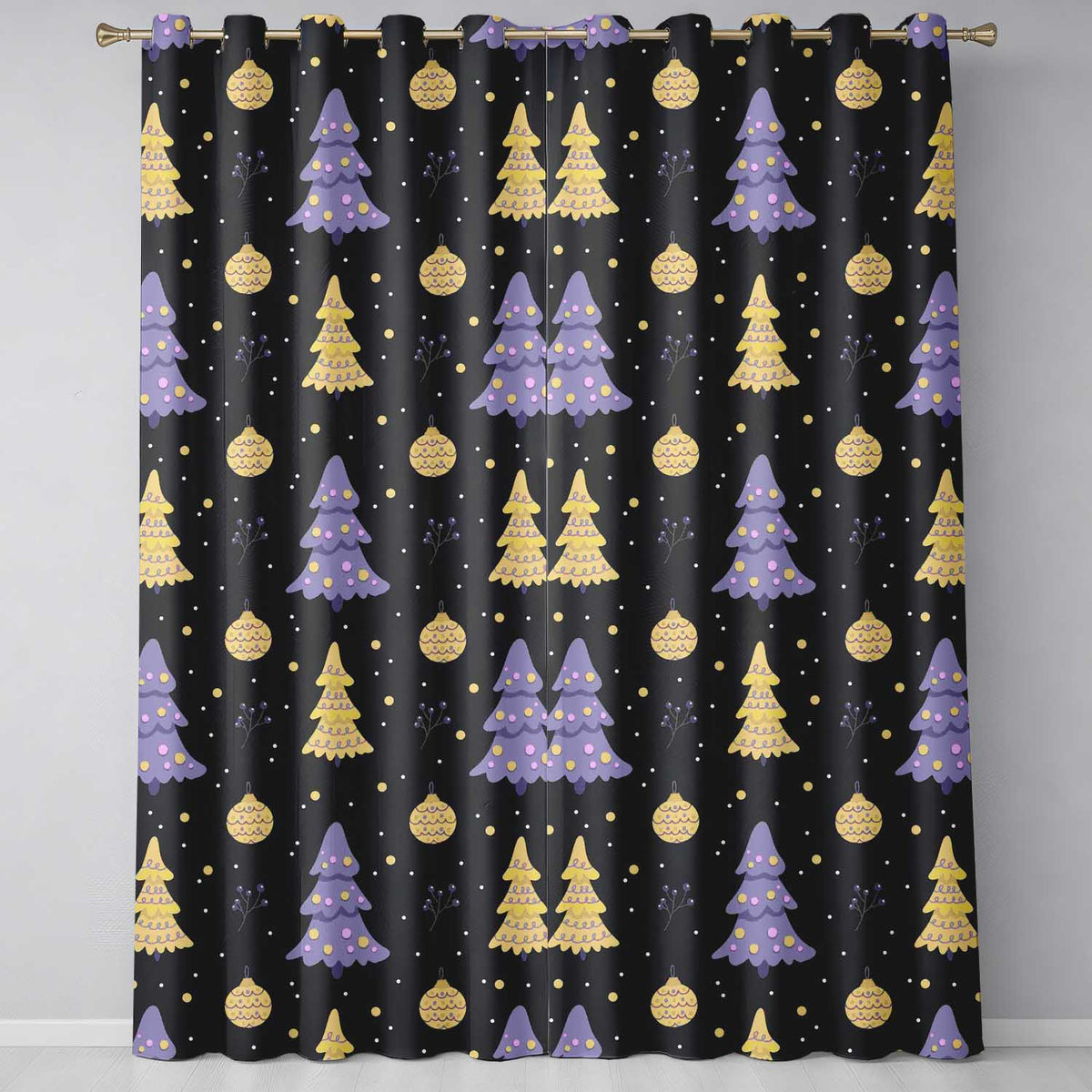 Christmas Trees with Stars and Holly Night Festive Illustration Readymade Eyelet Ring Top Thermal 100% Blackout Curtains