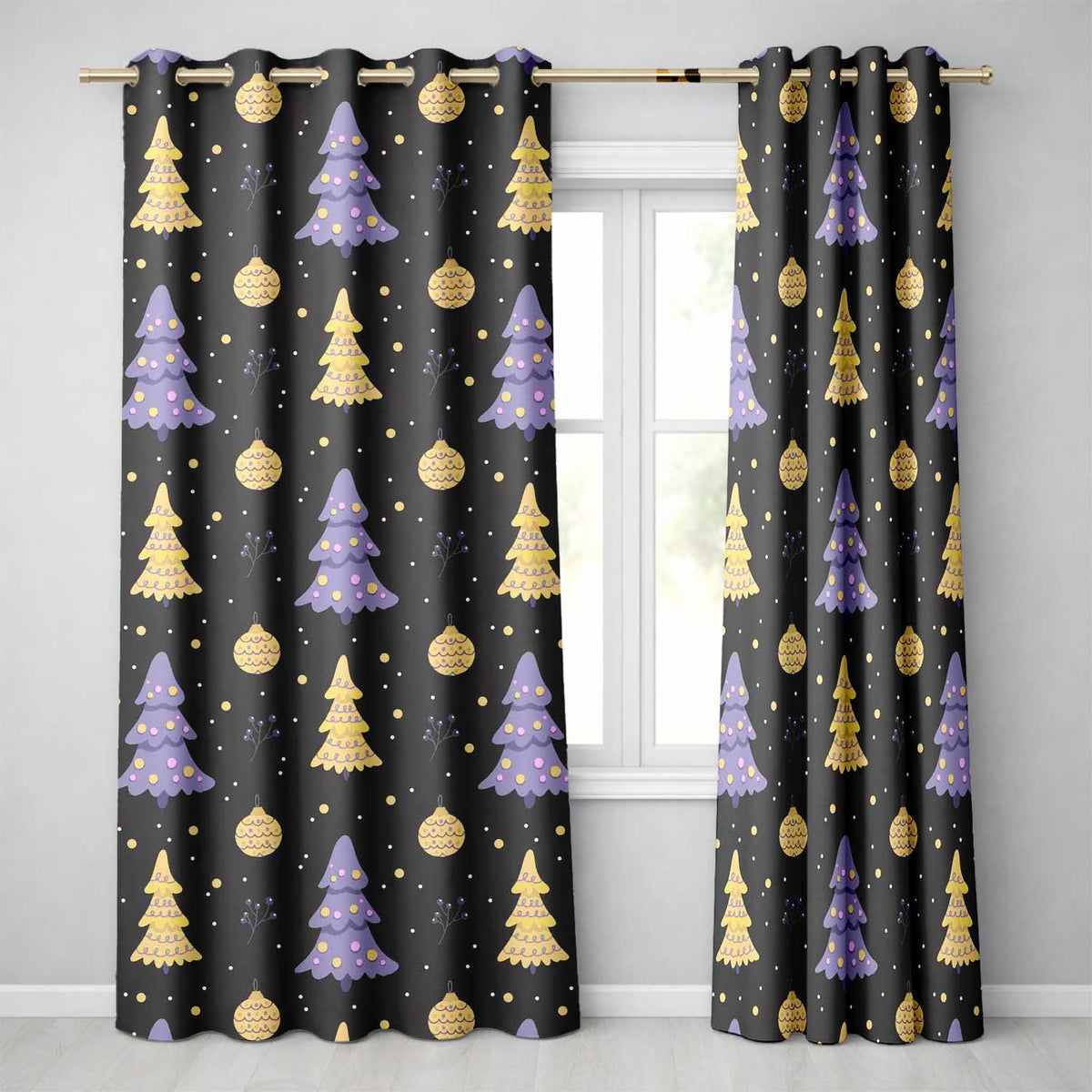 Christmas Trees with Stars and Holly Night Festive Illustration Readymade Eyelet Ring Top Thermal 100% Blackout Curtains