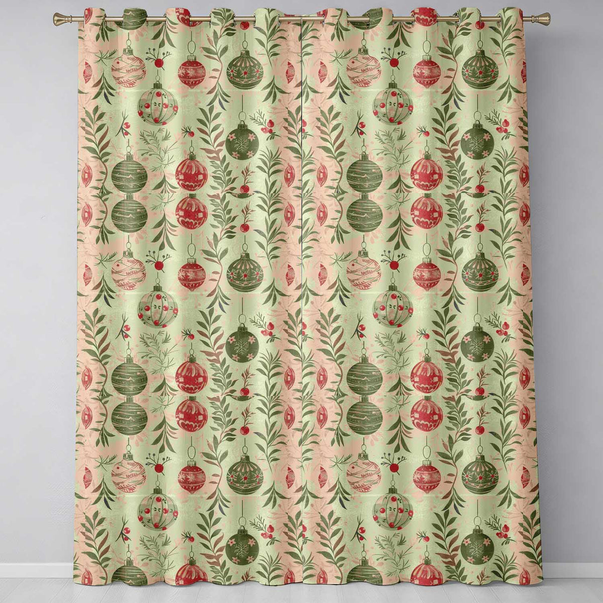 Vintage Christmas Baubles with Leaves and Berries Classic Holiday Readymade Eyelet Ring Top Thermal 100% Blackout Curtains