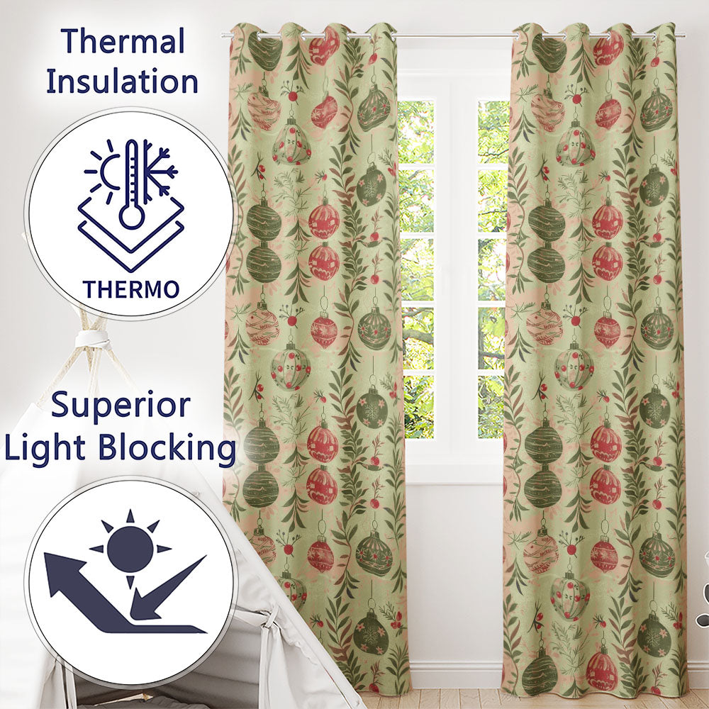 Vintage Christmas Baubles with Leaves and Berries Classic Holiday Readymade Eyelet Ring Top Thermal 100% Blackout Curtains