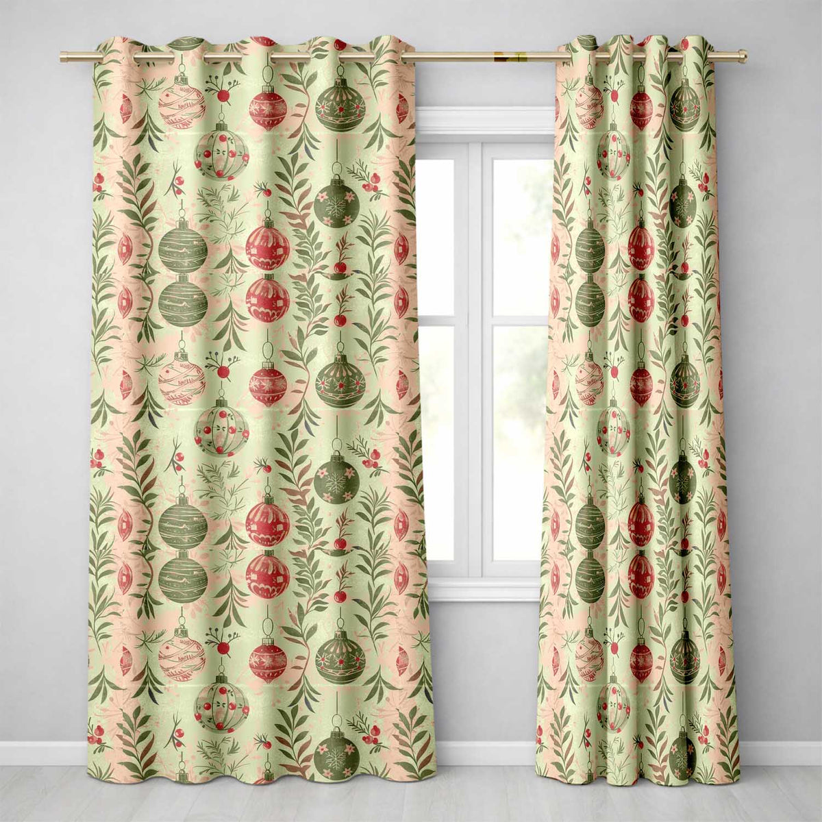 Vintage Christmas Baubles with Leaves and Berries Classic Holiday Readymade Eyelet Ring Top Thermal 100% Blackout Curtains