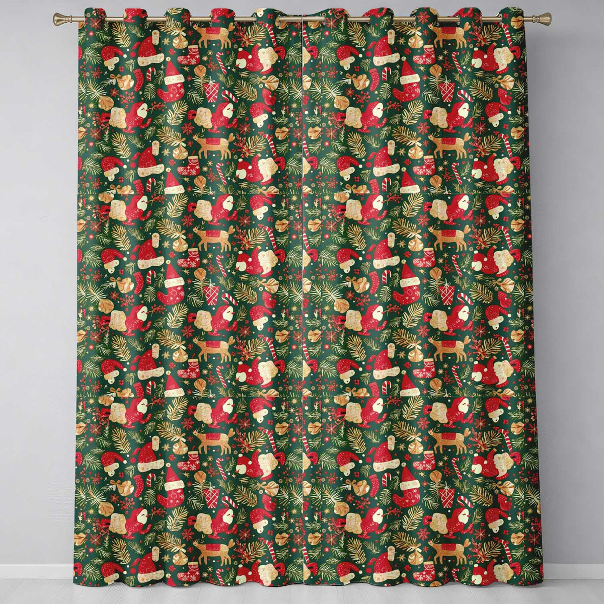 Vintage Christmas Ornaments Holly Berries, Candy Canes Classic Holiday Design Readymade Eyelet Ring Top Thermal 100% Blackout Curtains