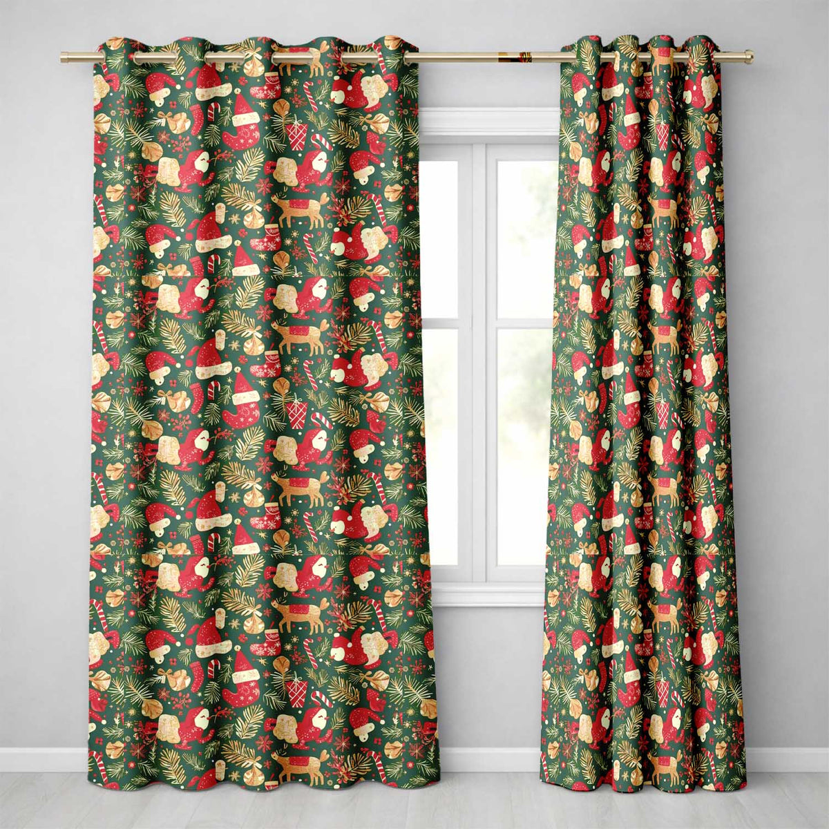 Vintage Christmas Ornaments Holly Berries, Candy Canes Classic Holiday Design Readymade Eyelet Ring Top Thermal 100% Blackout Curtains