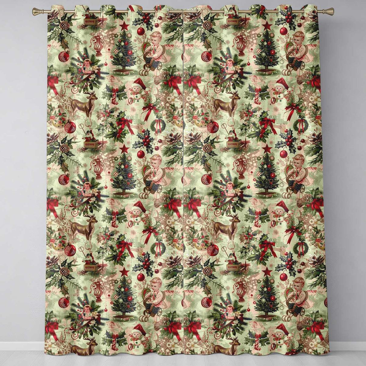 Festive Santa Reindeer Socks and Candy Canes Christmas Green Background Design Readymade Eyelet Ring Top Thermal 100% Blackout Curtains