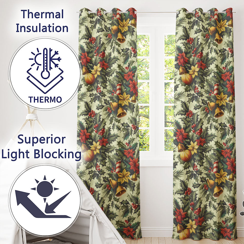 Classic Christmas Ornaments Pine Branches and Bows Traditional Holiday Design Readymade Eyelet Ring Top Thermal 100% Blackout Curtains