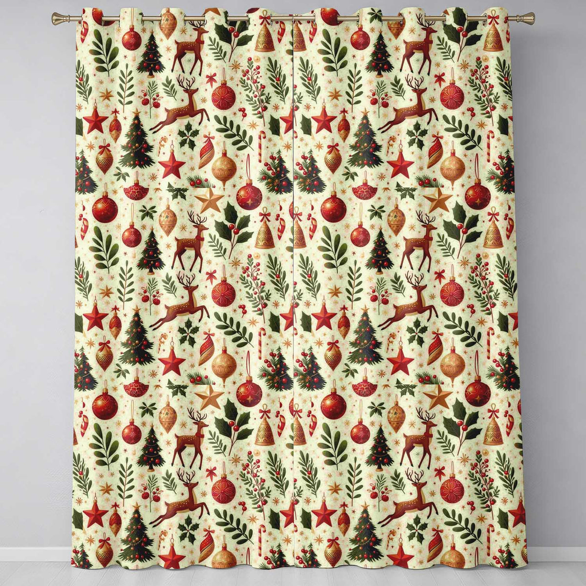 Festive Reindeer Christmas Trees Ornaments Seamless Pattern Holiday Design Readymade Eyelet Ring Top Thermal 100% Blackout Curtains