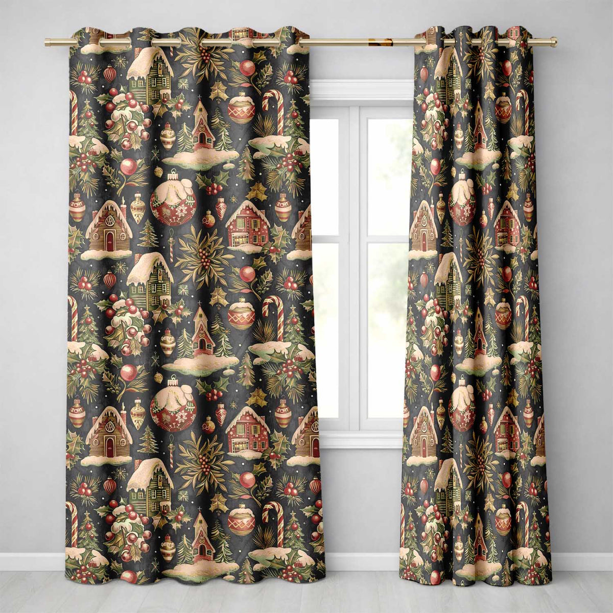 Vintage Winter Village Houses Snowy Christmas Seamless Pattern Festive Design Readymade Eyelet Ring Top Thermal 100% Blackout Curtains