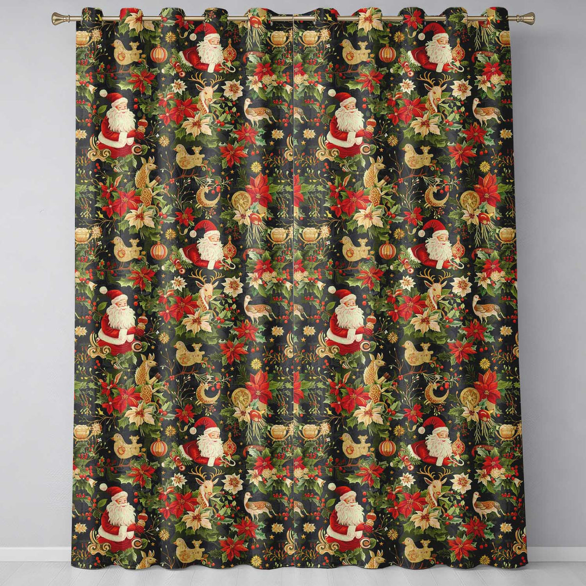 Vintage Santa Claus Reindeer Poinsettia Seamless Pattern Festive Design Readymade Eyelet Ring Top Thermal 100% Blackout Curtains