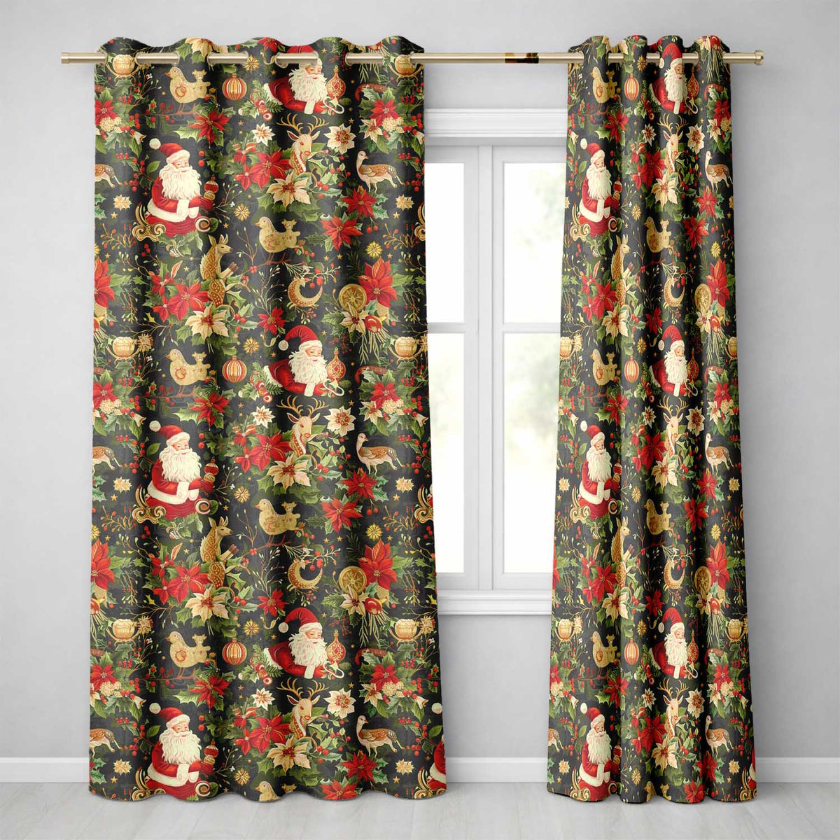 Vintage Santa Claus Reindeer Poinsettia Seamless Pattern Festive Design Readymade Eyelet Ring Top Thermal 100% Blackout Curtains