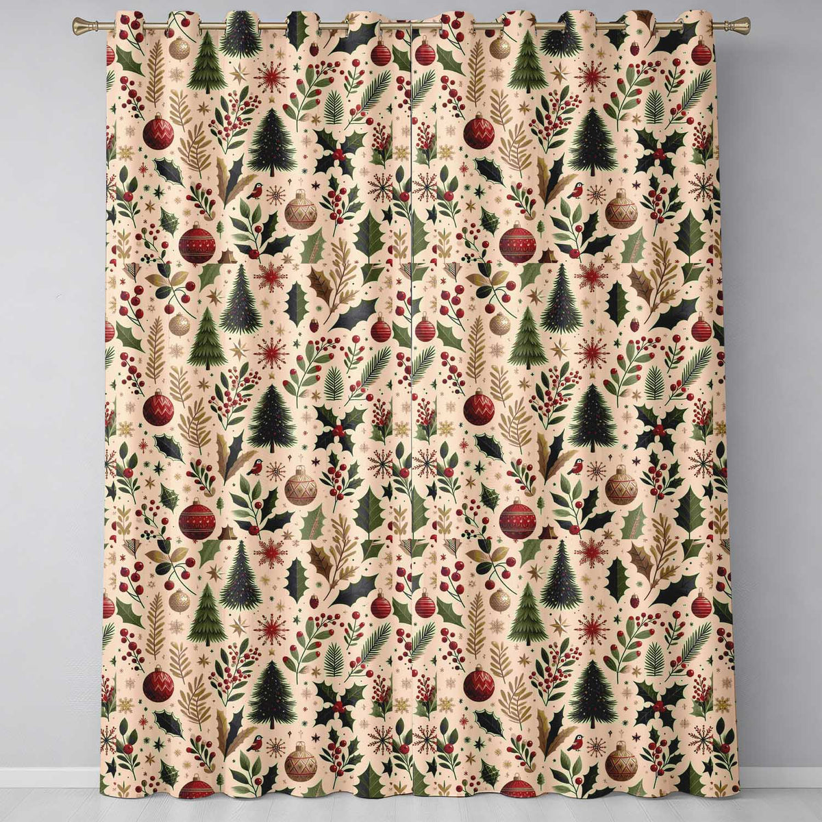 Vintage Christmas Trees Holly Berries Baubles Festive Holiday Design Readymade Eyelet Ring Top Thermal 100% Blackout Curtains