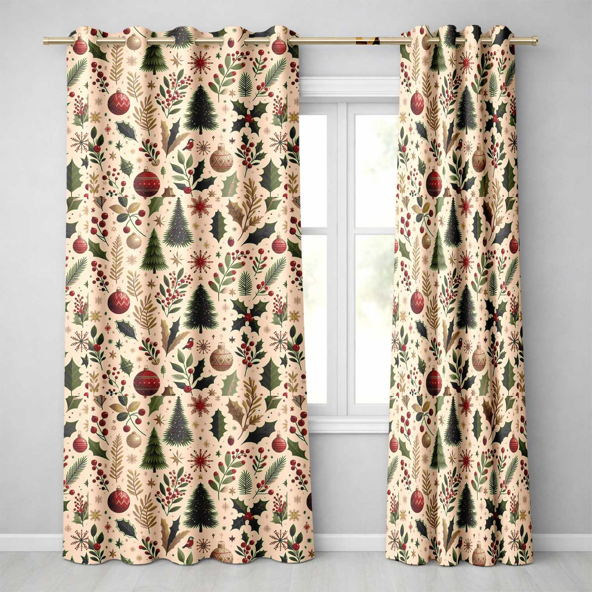 Vintage Christmas Trees Holly Berries Baubles Festive Holiday Design Readymade Eyelet Ring Top Thermal 100% Blackout Curtains