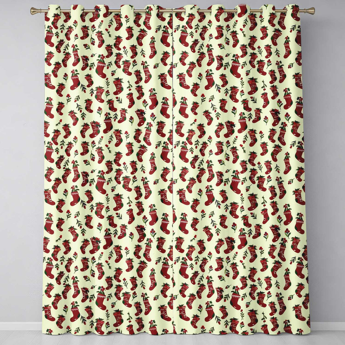 Christmas Stockings Holly Berries Seamless Pattern Festive Holiday Design Readymade Eyelet Ring Top Thermal 100% Blackout Curtains