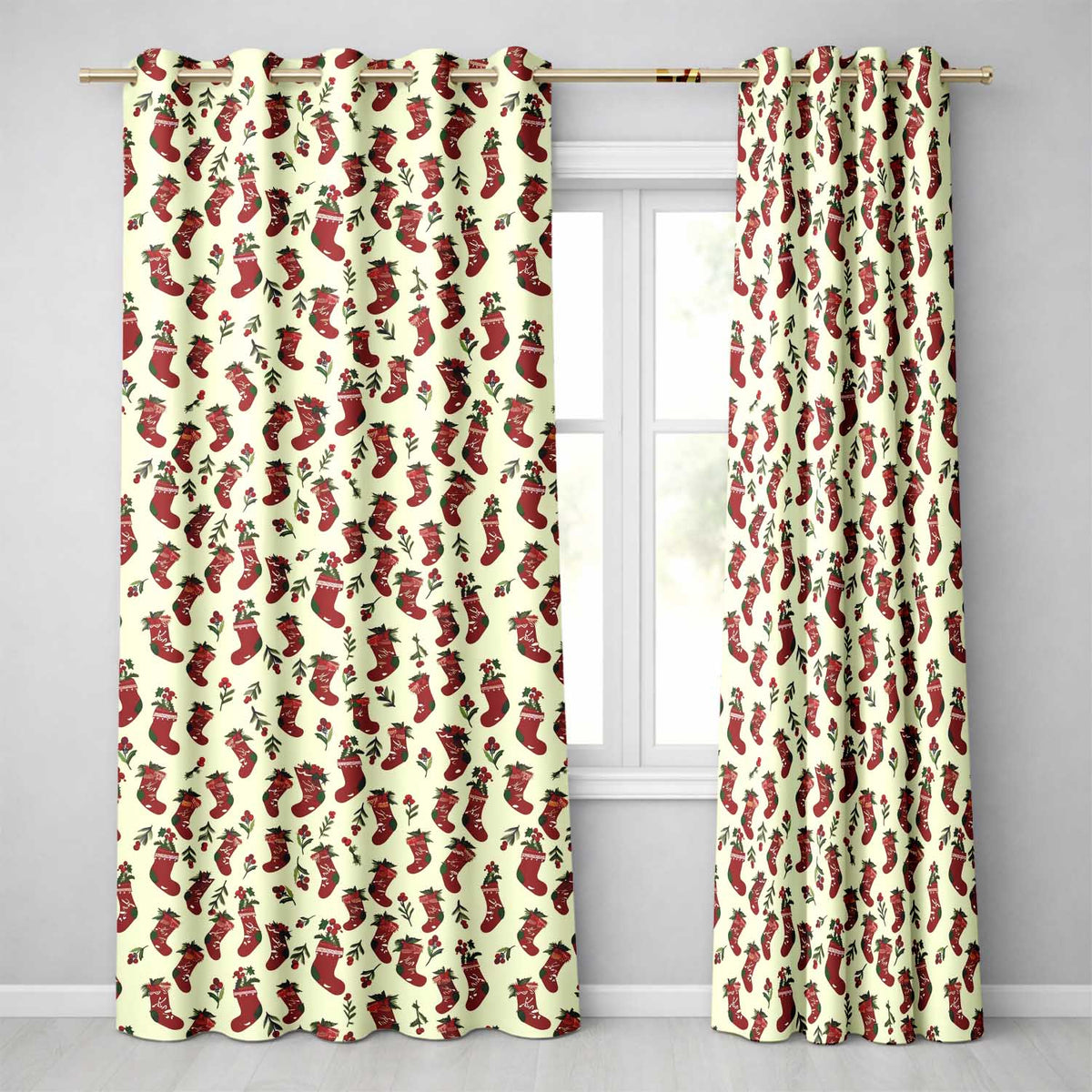 Christmas Stockings Holly Berries Seamless Pattern Festive Holiday Design Readymade Eyelet Ring Top Thermal 100% Blackout Curtains