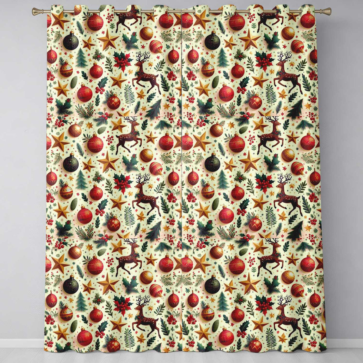 Cream Reindeer Christmas Bauble Star Pattern Readymade Eyelet Ring Top Thermal 100% Blackout Curtains