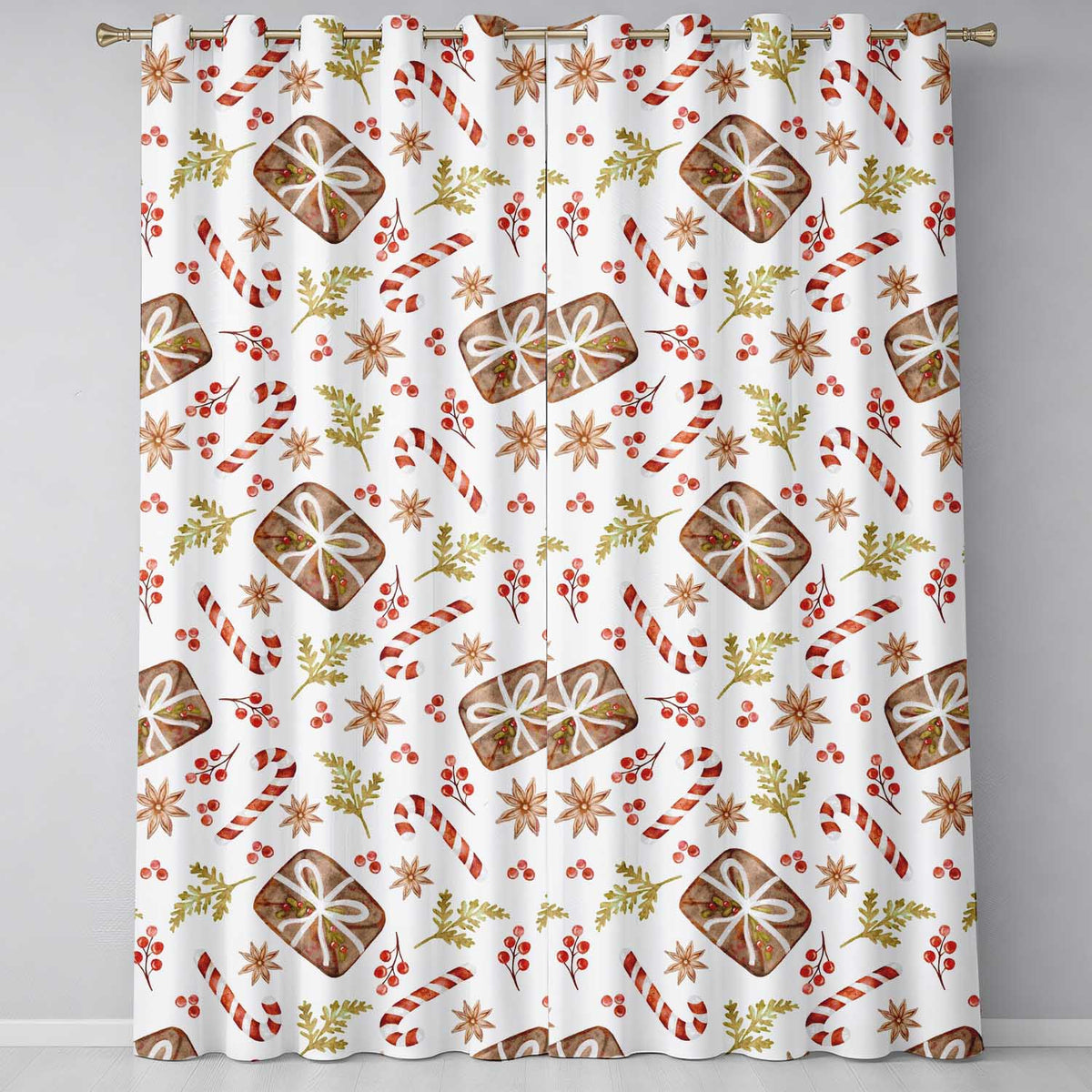 White Candy Cane Gingerbread Cookie Pattern Readymade Eyelet Ring Top Thermal 100% Blackout Curtains