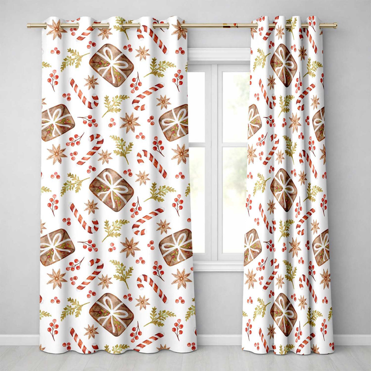 White Candy Cane Gingerbread Cookie Pattern Readymade Eyelet Ring Top Thermal 100% Blackout Curtains