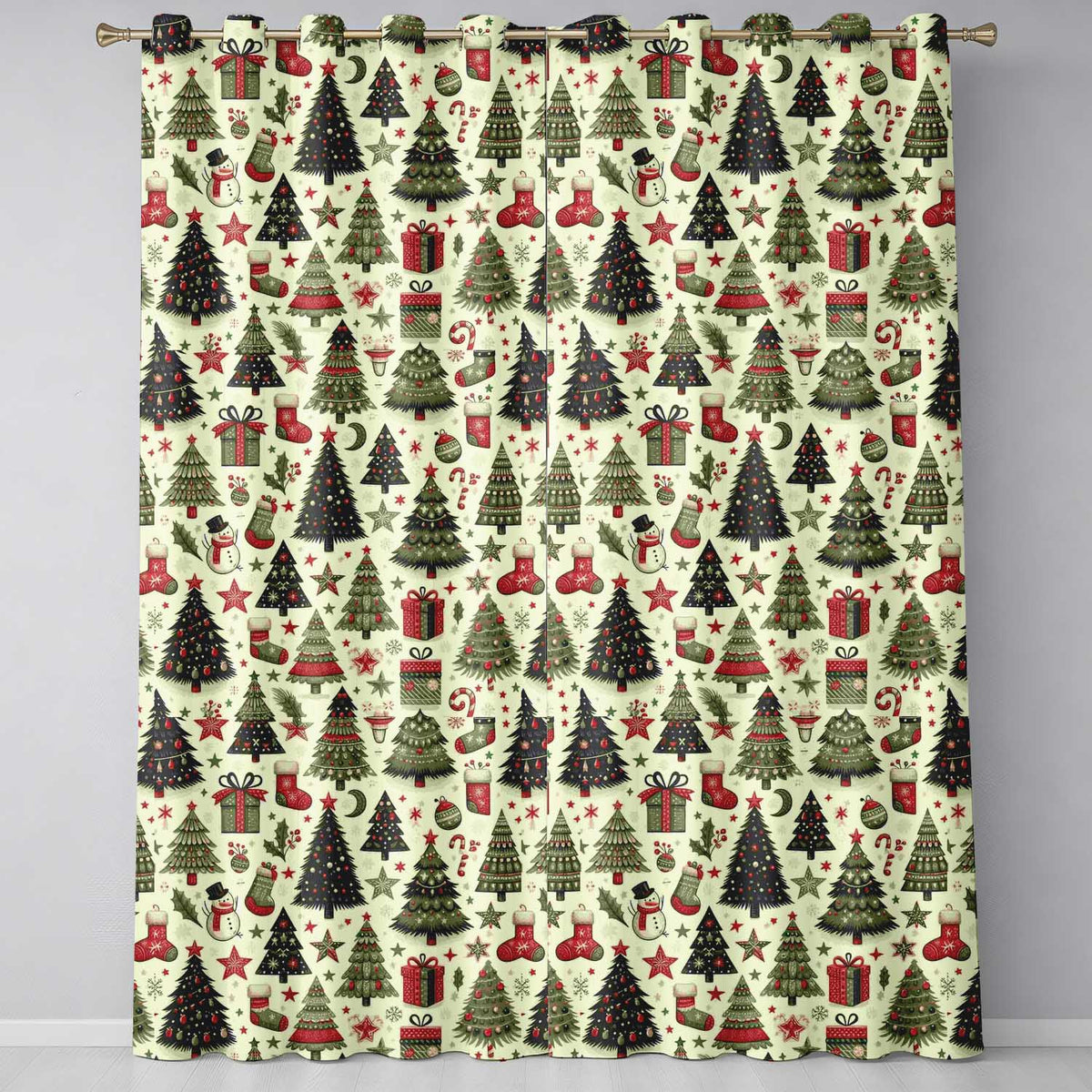 Classic Xmas Tree Stocking Candy Cane Festive Holiday PatternUK Readymade Eyelet Ring Top Thermal 100% Blackout Curtains