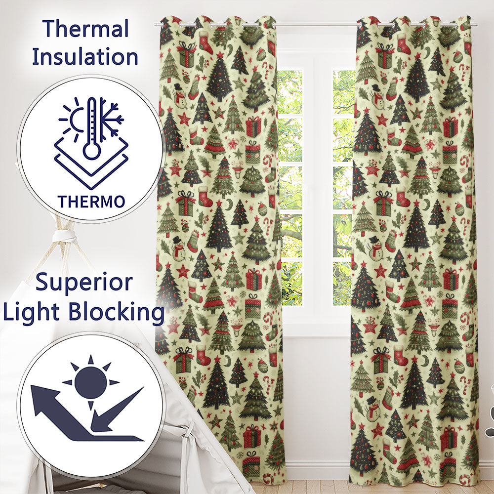 Classic Xmas Tree Stocking Candy Cane Festive Holiday PatternUK Readymade Eyelet Ring Top Thermal 100% Blackout Curtains