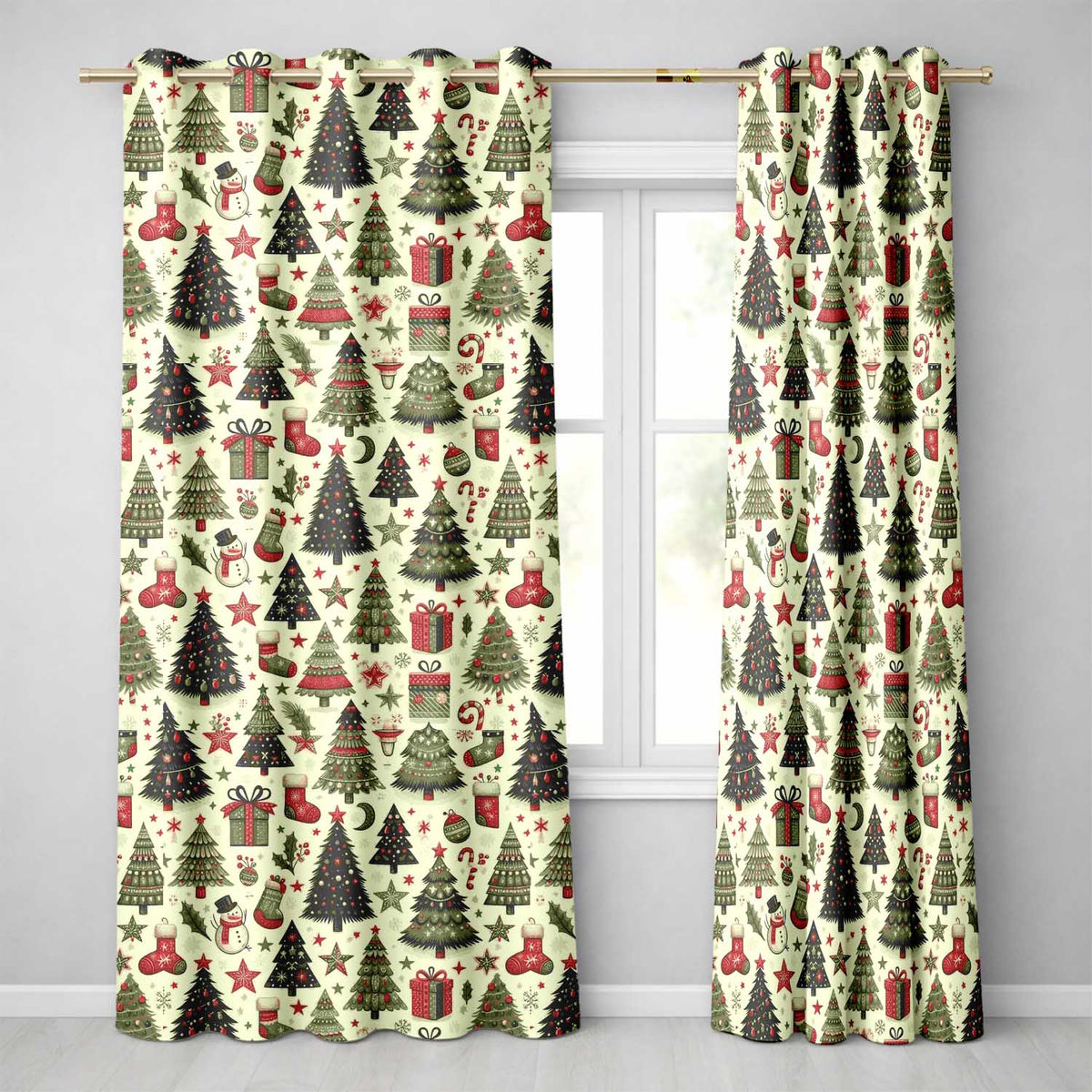 Classic Xmas Tree Stocking Candy Cane Festive Holiday PatternUK Readymade Eyelet Ring Top Thermal 100% Blackout Curtains