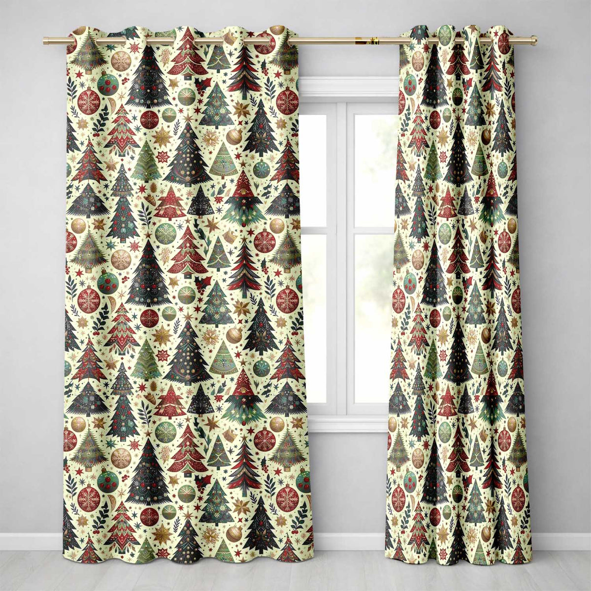 Elegant Nordic Christmas Tree Ornament Winter Festive PatternUK Readymade Eyelet Ring Top Thermal 100% Blackout Curtains