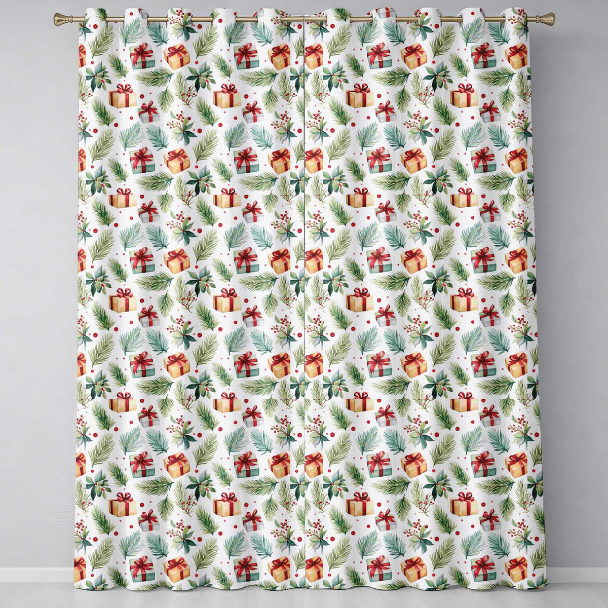 Watercolor Christmas Gifts Pine Branches Holly Berries Seamless Pattern Readymade Eyelet Ring Top Thermal 100% Blackout Curtains