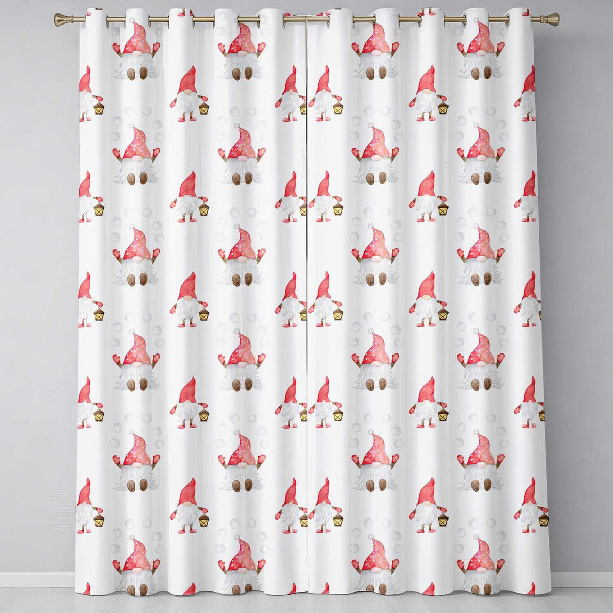 Cute Christmas Gnome Red Hat Lantern Snow Dots Seamless Pattern Readymade Eyelet Ring Top Thermal 100% Blackout Curtains