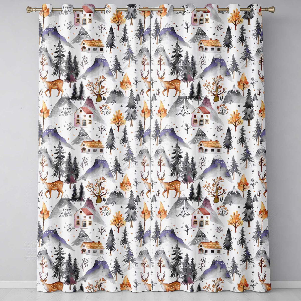 Watercolor Winter Landscape Houses Mountains Trees Seamless Pattern Readymade Eyelet Ring Top Thermal 100% Blackout Curtains