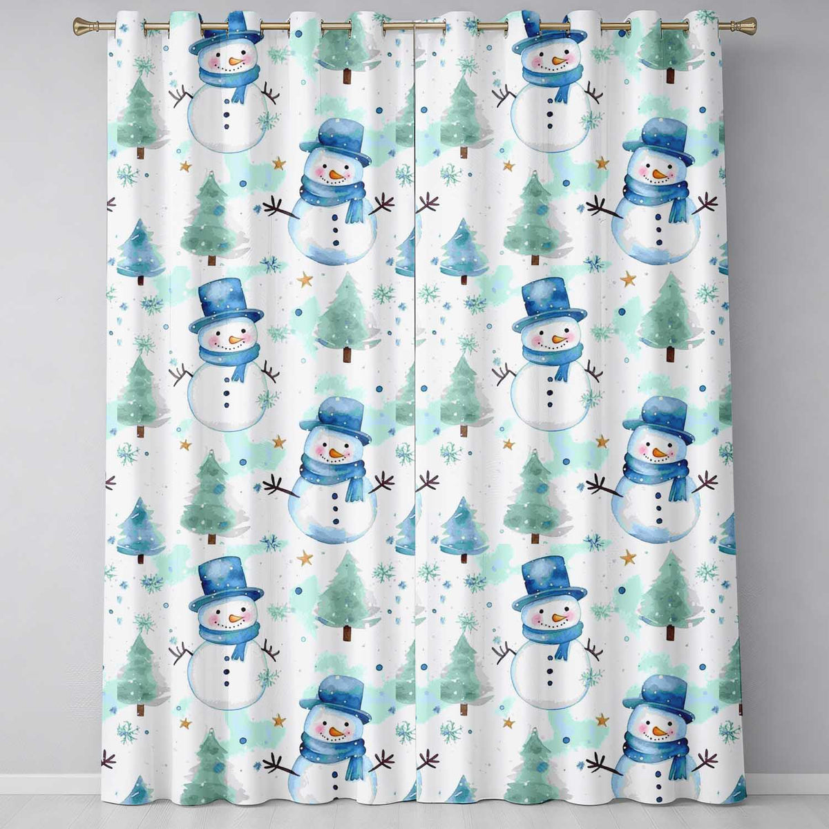 Cute Snowman Winter Trees Snowflakes Seamless Pattern Readymade Eyelet Ring Top Thermal 100% Blackout Curtains