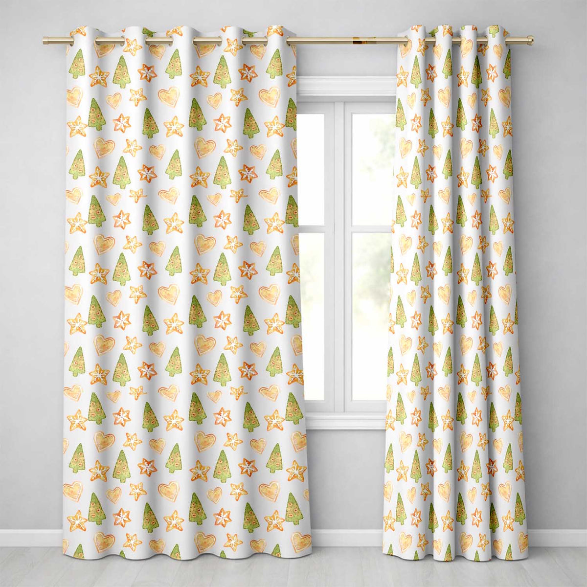Watercolor Christmas Cookies Stars Hearts Trees Festive Seamless Pattern Readymade Eyelet Ring Top Thermal 100% Blackout Curtains