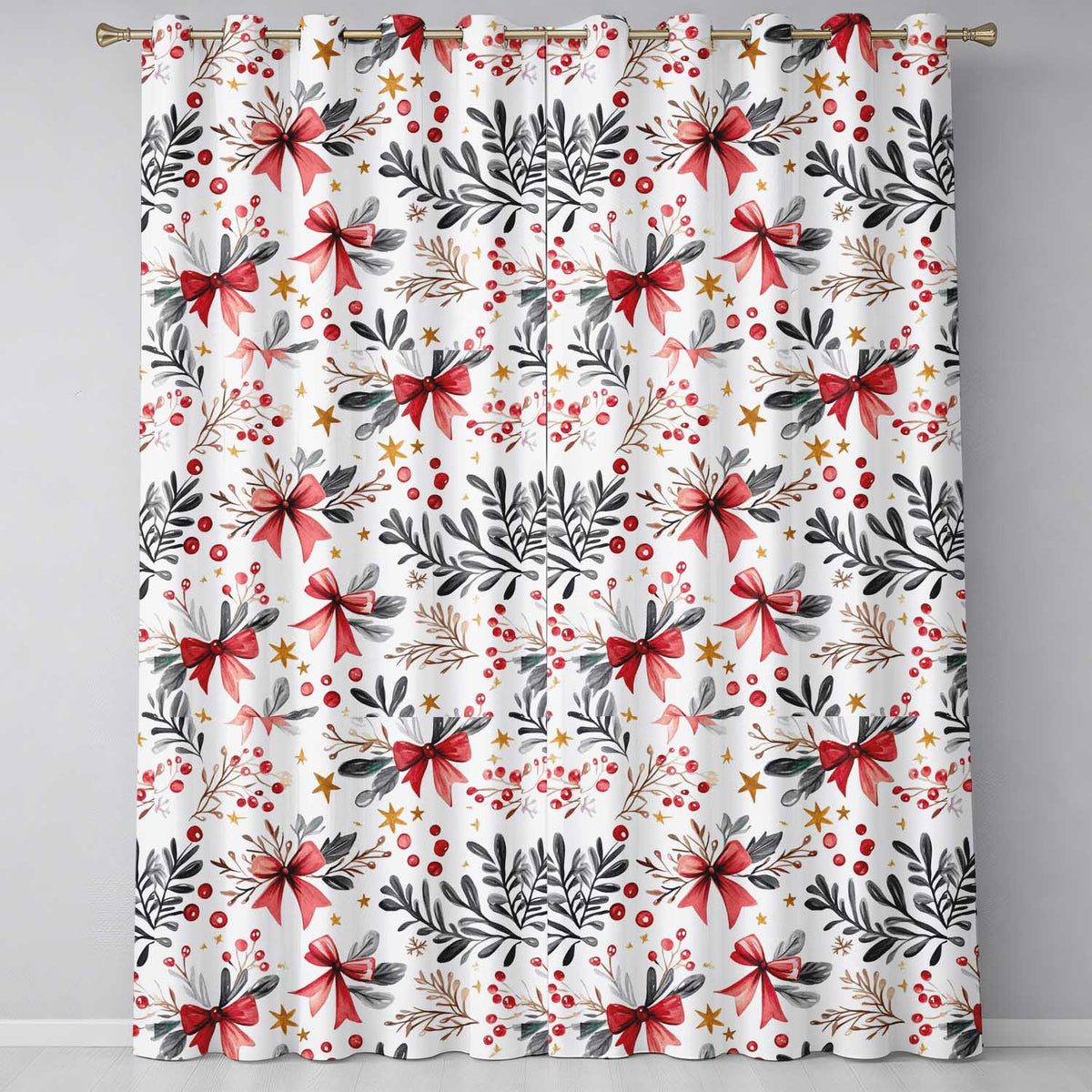 Elegant Christmas Bows Holly Leaves Berries Watercolor Seamless Pattern Readymade Eyelet Ring Top Thermal 100% Blackout Curtains