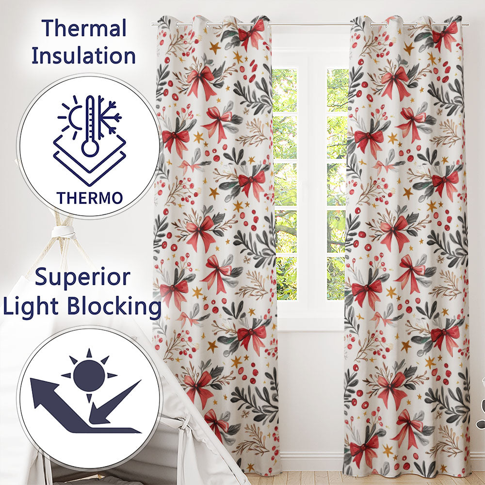 Elegant Christmas Bows Holly Leaves Berries Watercolor Seamless Pattern Readymade Eyelet Ring Top Thermal 100% Blackout Curtains