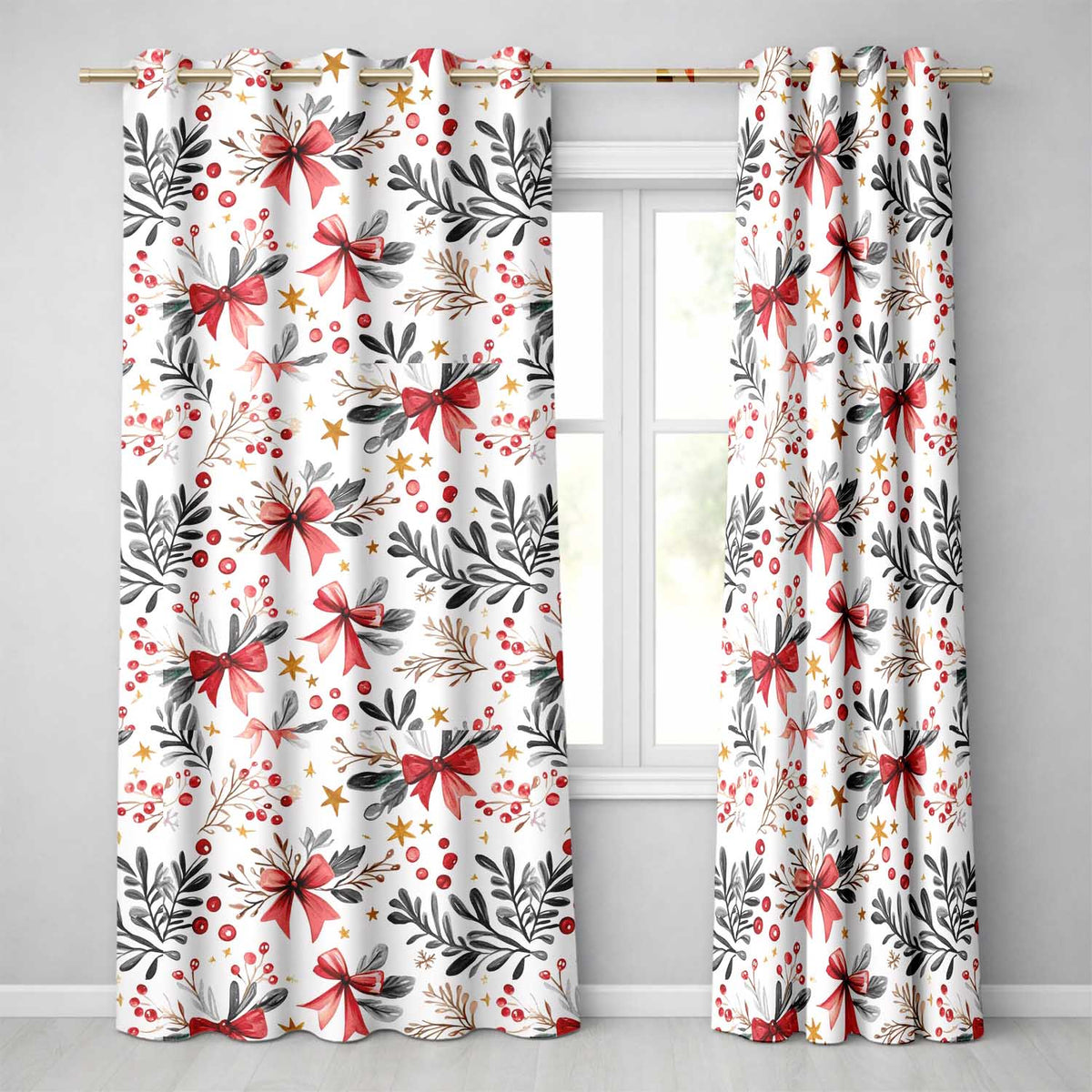 Elegant Christmas Bows Holly Leaves Berries Watercolor Seamless Pattern Readymade Eyelet Ring Top Thermal 100% Blackout Curtains