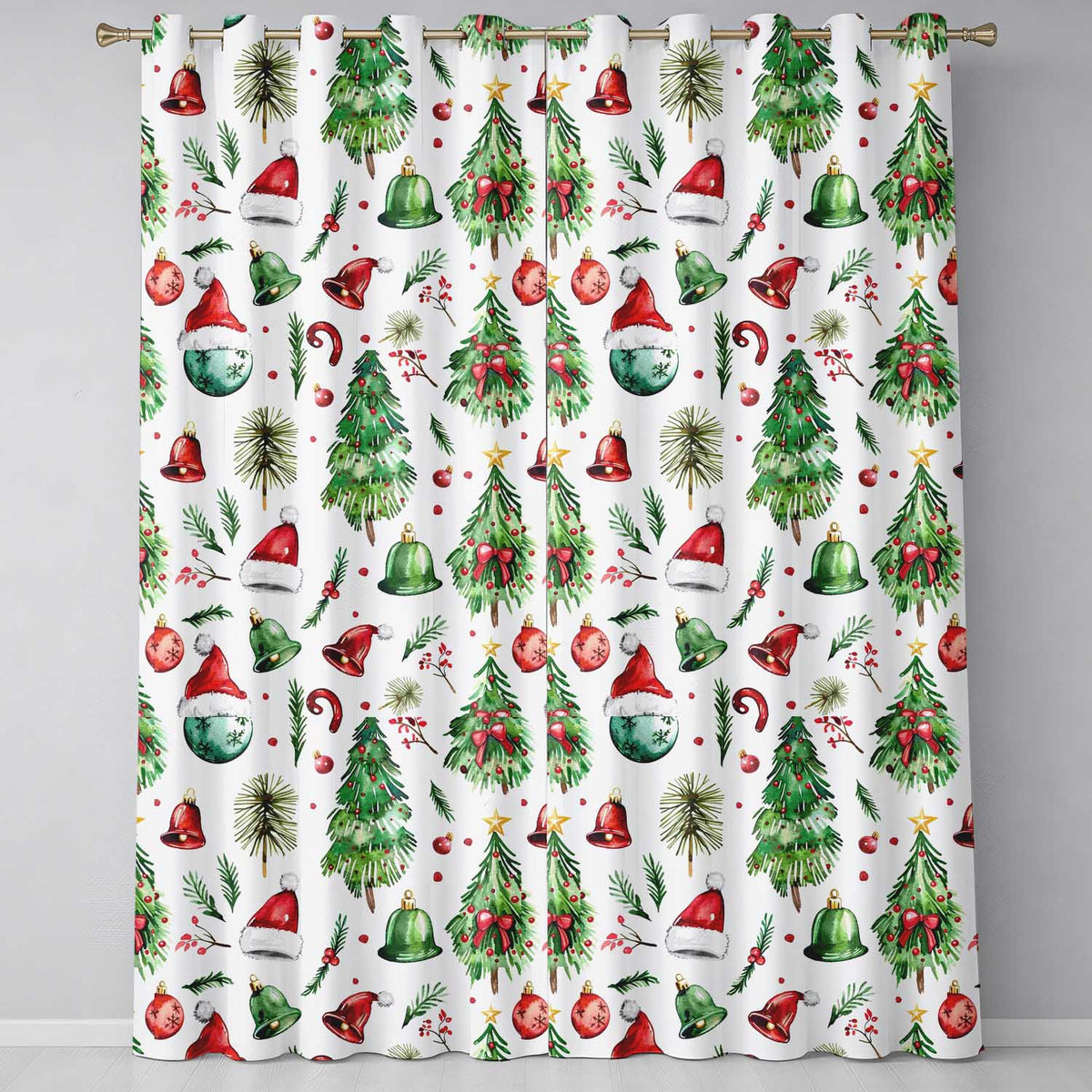 Watercolor Christmas Trees Bells Santa Hats Festive Seamless Pattern Readymade Eyelet Ring Top Thermal 100% Blackout Curtains
