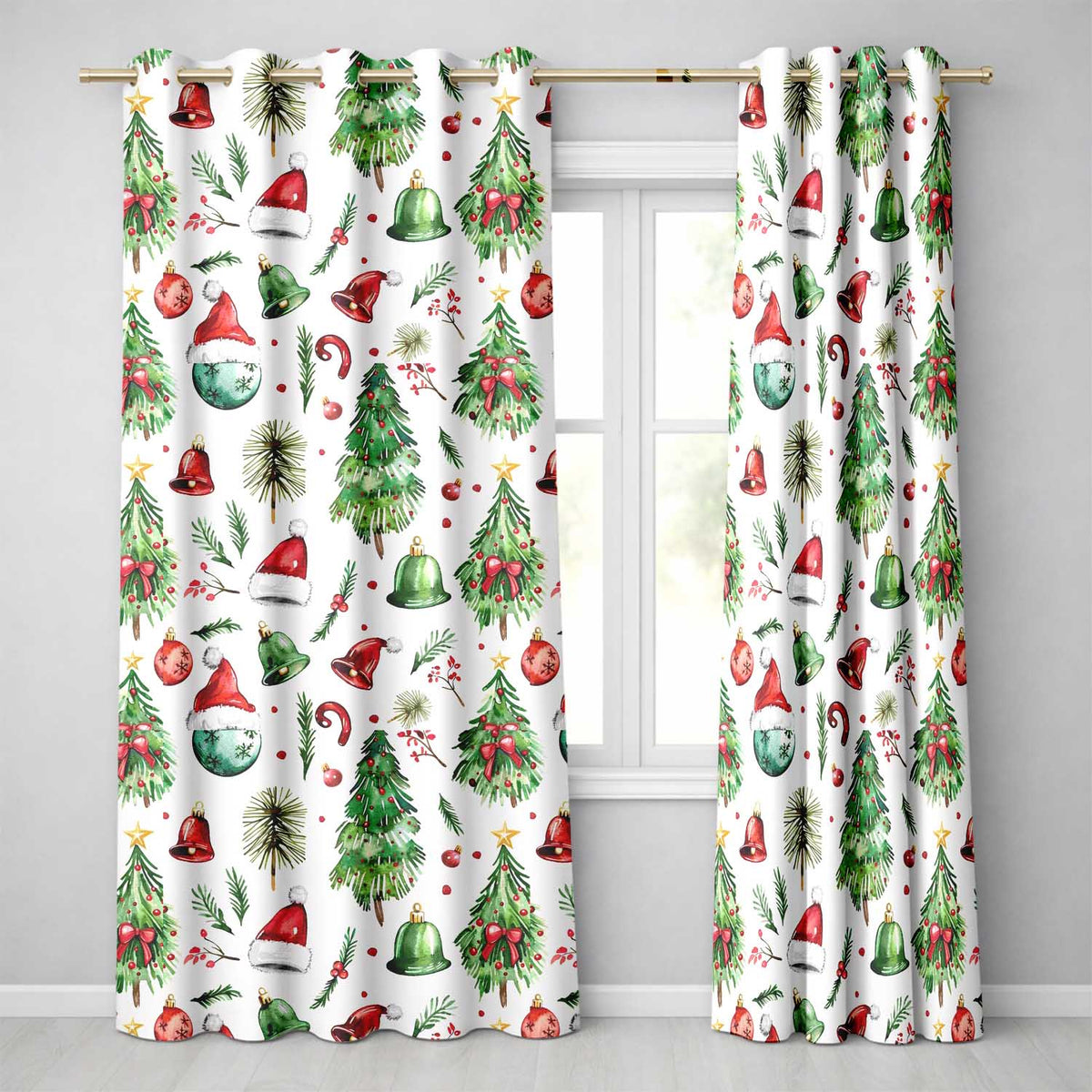 Watercolor Christmas Trees Bells Santa Hats Festive Seamless Pattern Readymade Eyelet Ring Top Thermal 100% Blackout Curtains