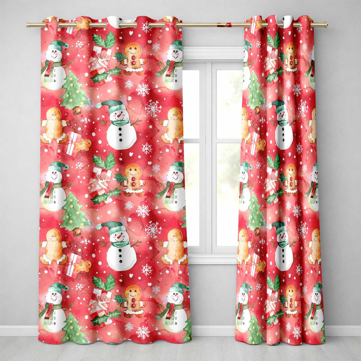 Festive Gingerbread Cookies Gifts Holly Snowflakes Watercolor Seamless Pattern Readymade Eyelet Ring Top Thermal 100% Blackout Curtains