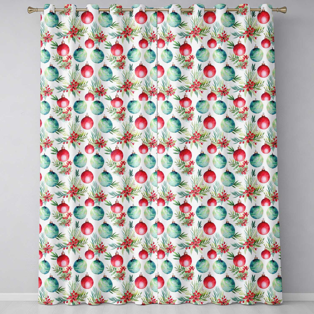 Watercolor Christmas Baubles Holly Leaves Festive Seamless Pattern Readymade Eyelet Ring Top Thermal 100% Blackout Curtains