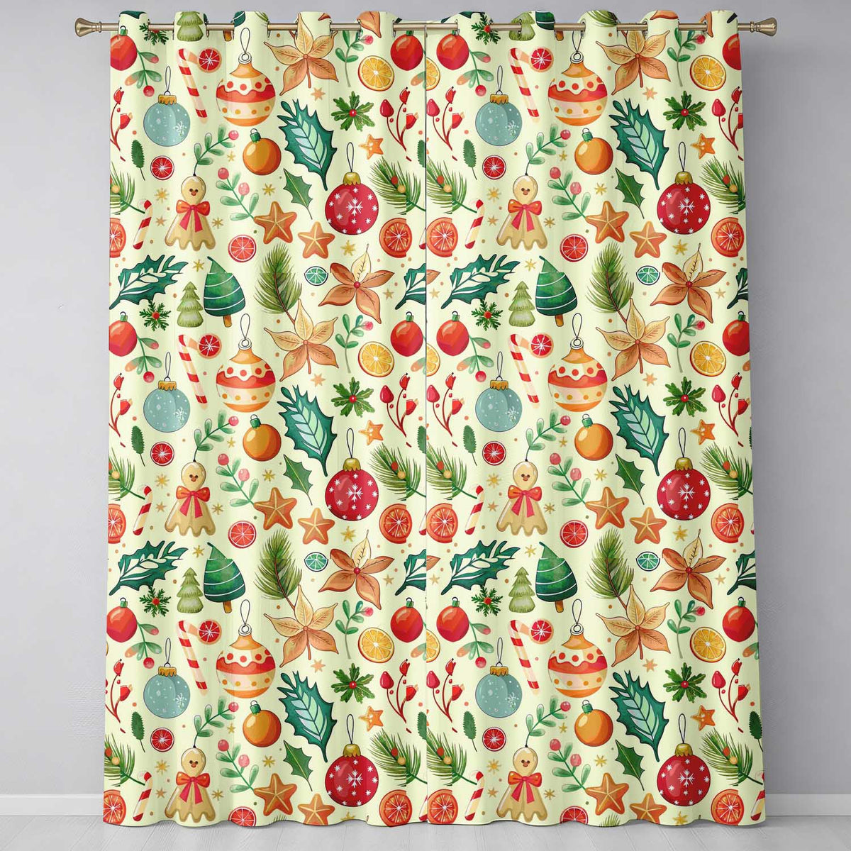 Cute Christmas Ornaments Candy Cane Citrus Leaves Festive Seamless Pattern Readymade Eyelet Ring Top Thermal 100% Blackout Curtains