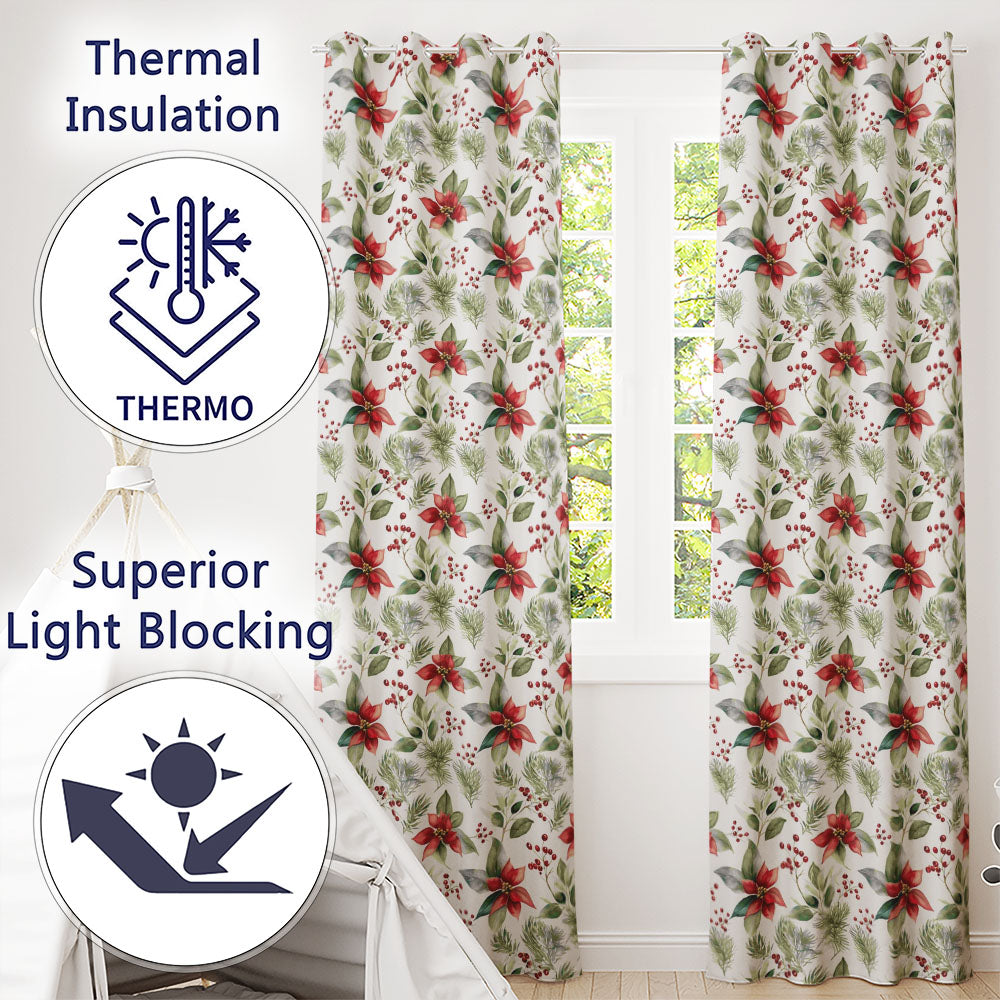 Watercolor Poinsettia Flowers Holly Leaves Red Berries Seamless Pattern Readymade Eyelet Ring Top Thermal 100% Blackout Curtains