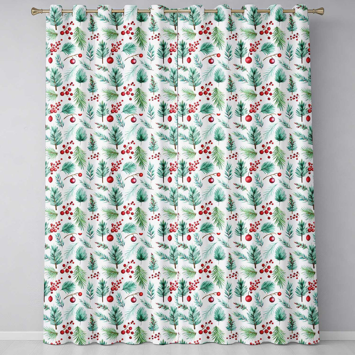 Watercolor Pine Branches Red Berries Christmas Foliage Seamless Pattern Readymade Eyelet Ring Top Thermal 100% Blackout Curtains