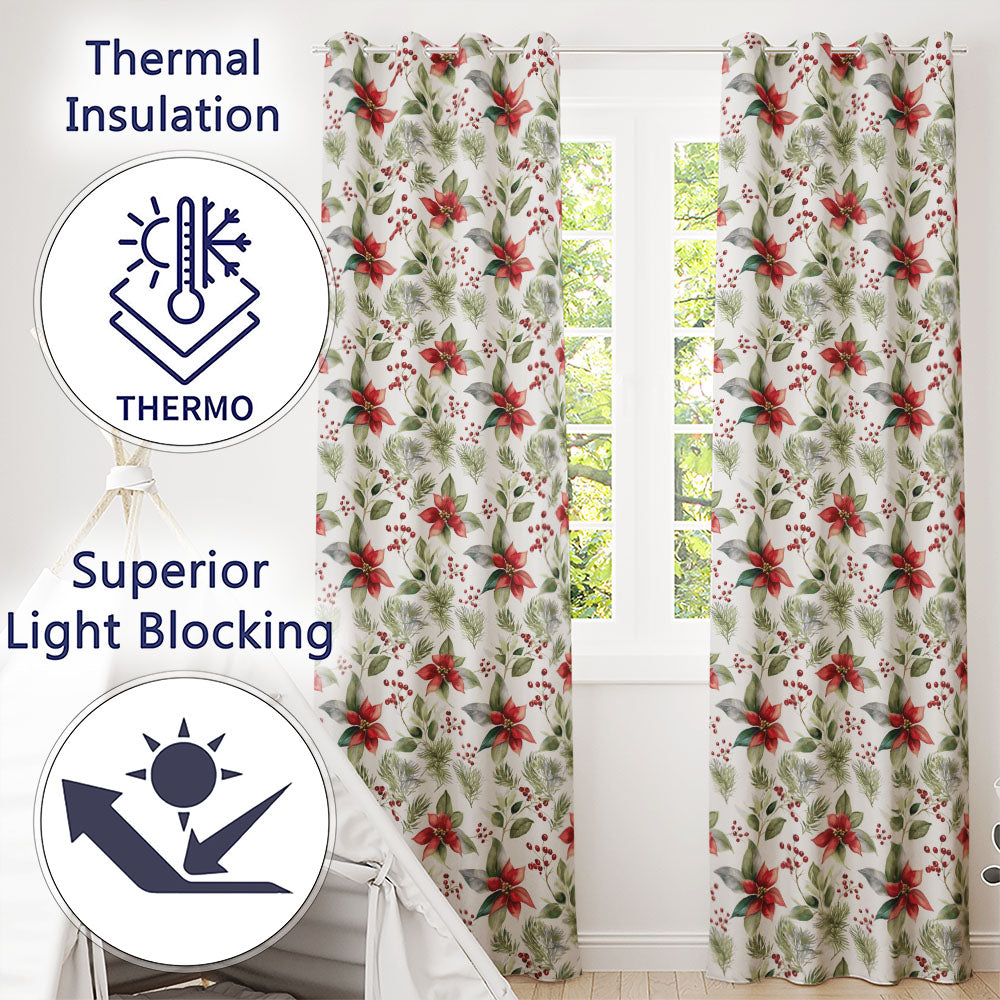 Watercolor Poinsettia Flowers Holly Leaves Red Berries Seamless Pattern Readymade Eyelet Ring Top Thermal 100% Blackout Curtains