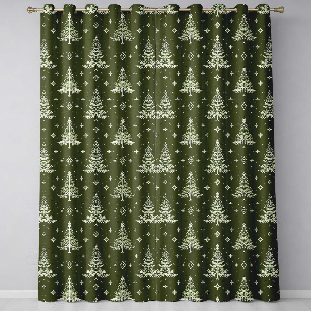 Olive Green Christmas Tree Nordic Festive Pattern Design UK Readymade Eyelet Ring Top Thermal 100% Blackout Curtains