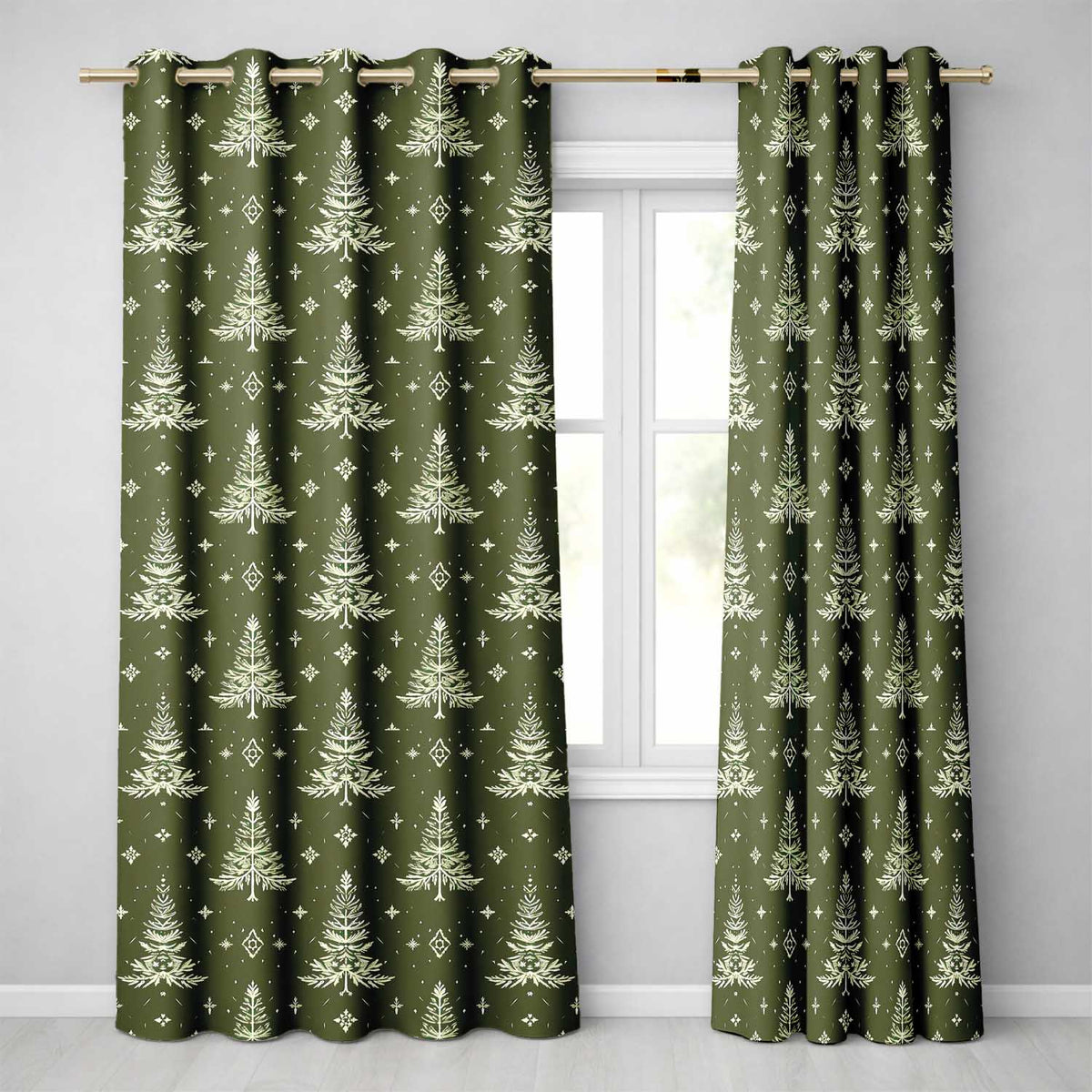 Olive Green Christmas Tree Nordic Festive Pattern Design UK Readymade Eyelet Ring Top Thermal 100% Blackout Curtains