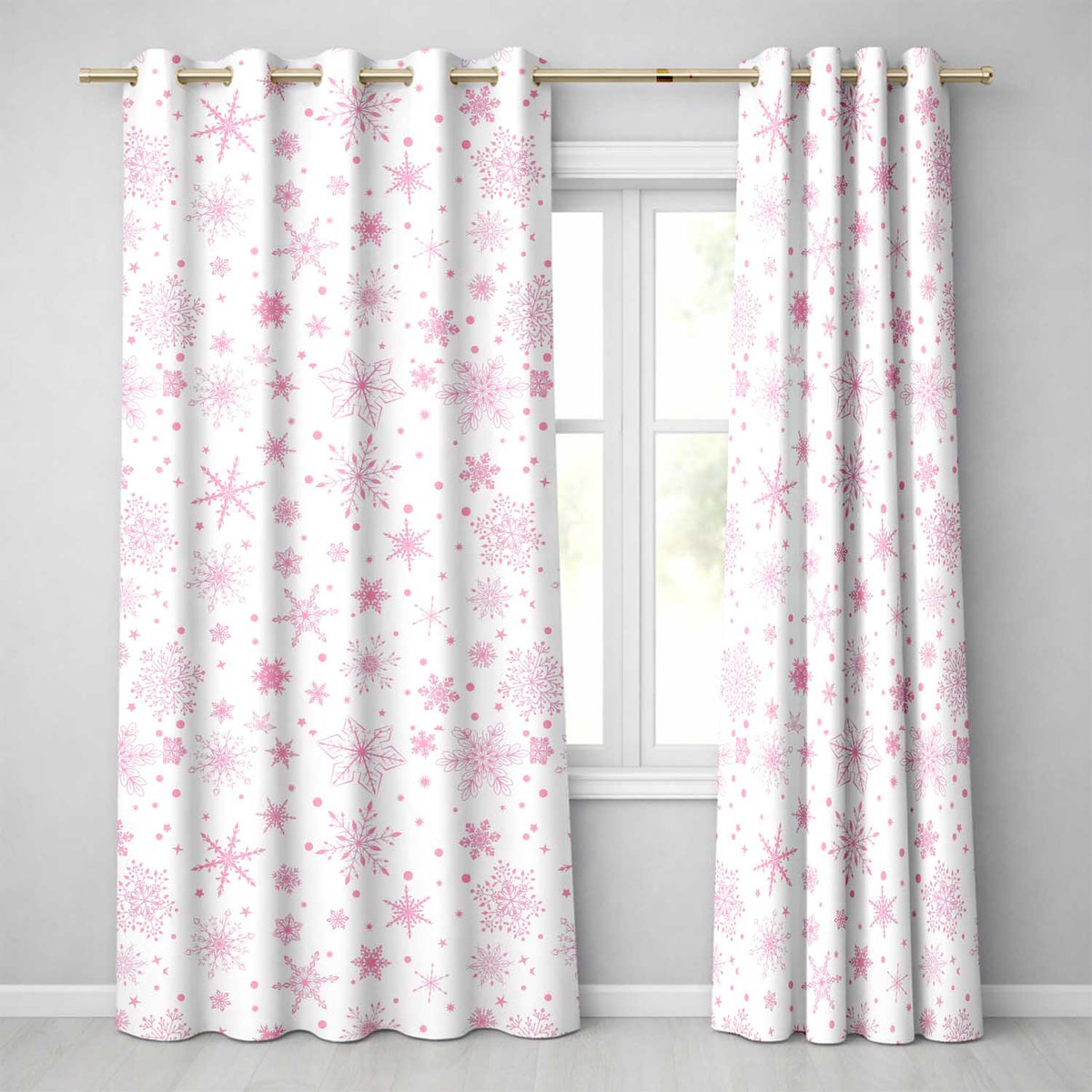 White Pink Snowflake Winter Festive Pattern Design UK Readymade Eyelet Ring Top Thermal 100% Blackout Curtains