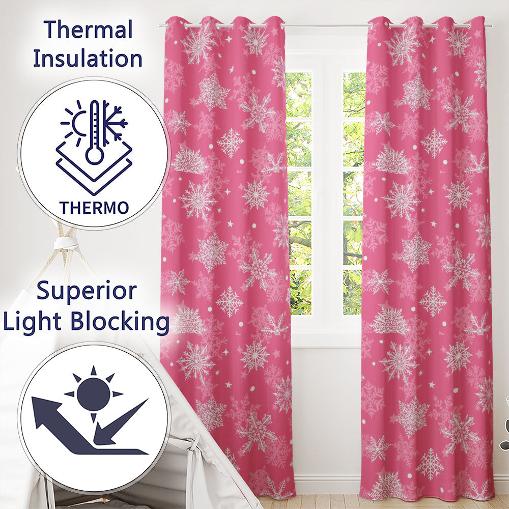 Dark Pink Snowflake Winter Christmas Festive Pattern Design UK Readymade Eyelet Ring Top Thermal 100% Blackout Curtains