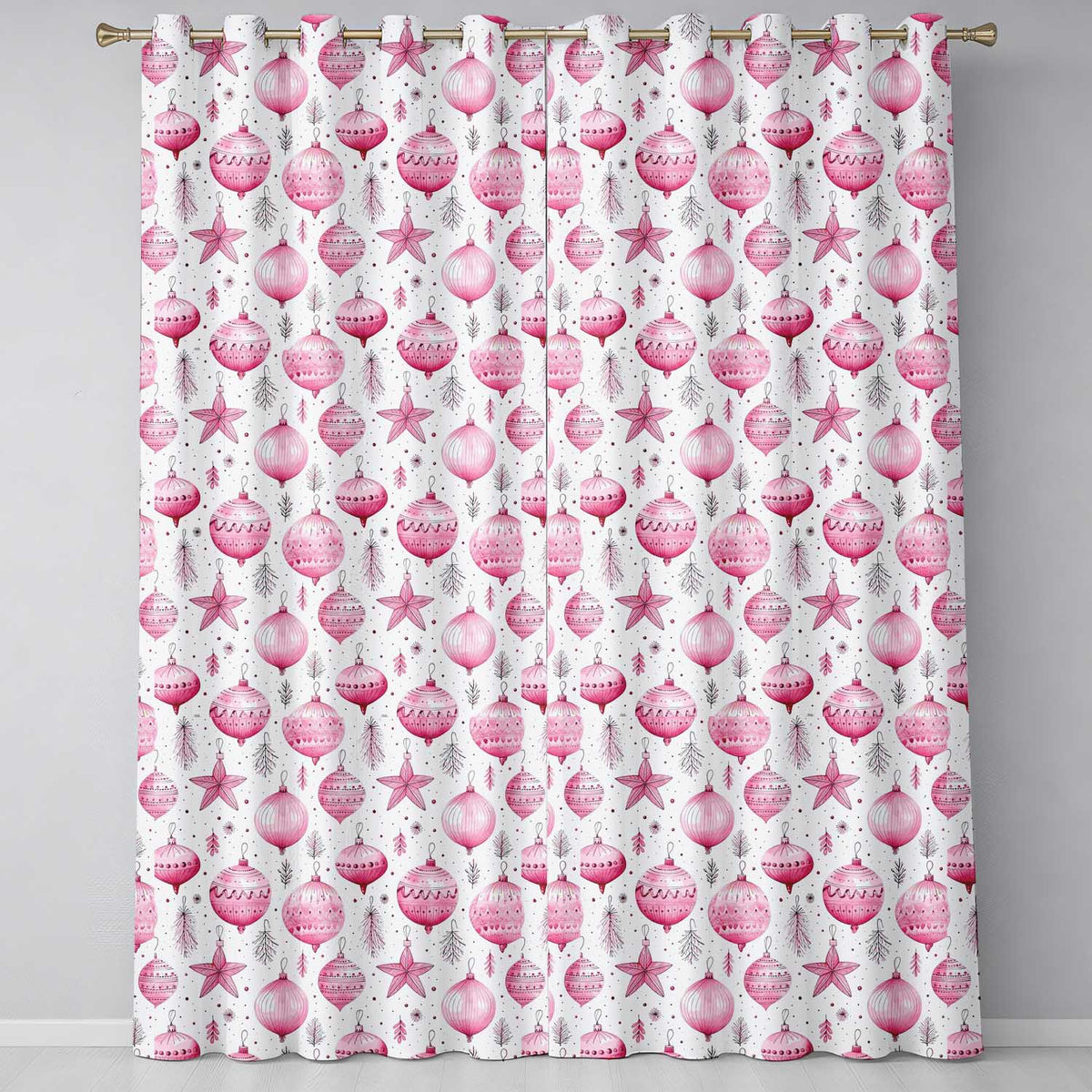 Pink Christmas Ornament Bauble Festive Pattern Design UK Readymade Eyelet Ring Top Thermal 100% Blackout Curtains