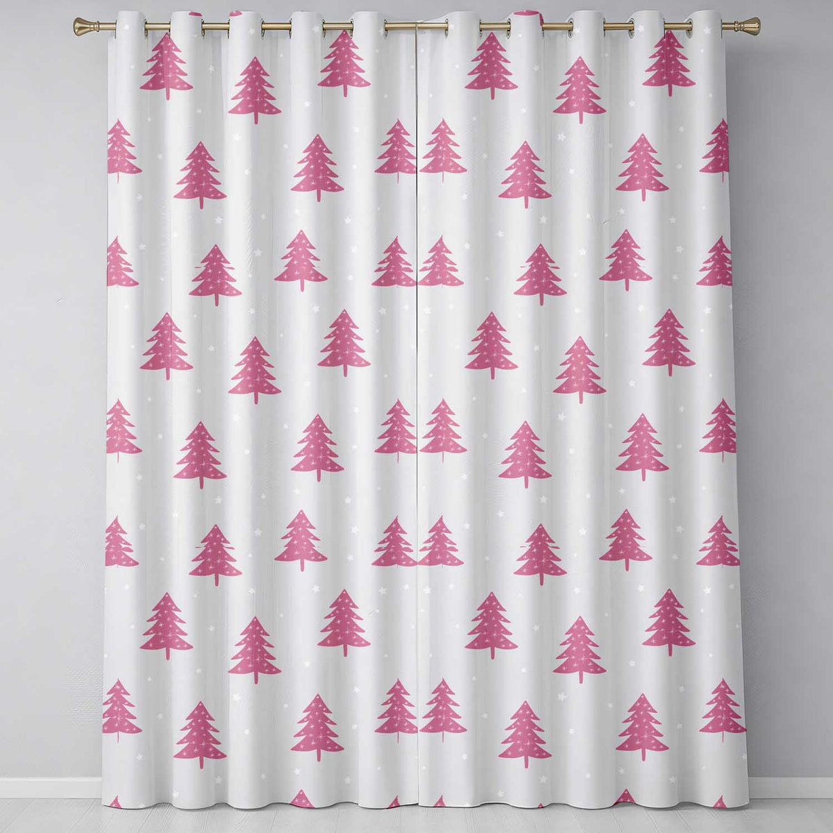 Minimal Pink Christmas Tree Scandinavian Festive Pattern Design UK Readymade Eyelet Ring Top Thermal 100% Blackout Curtains
